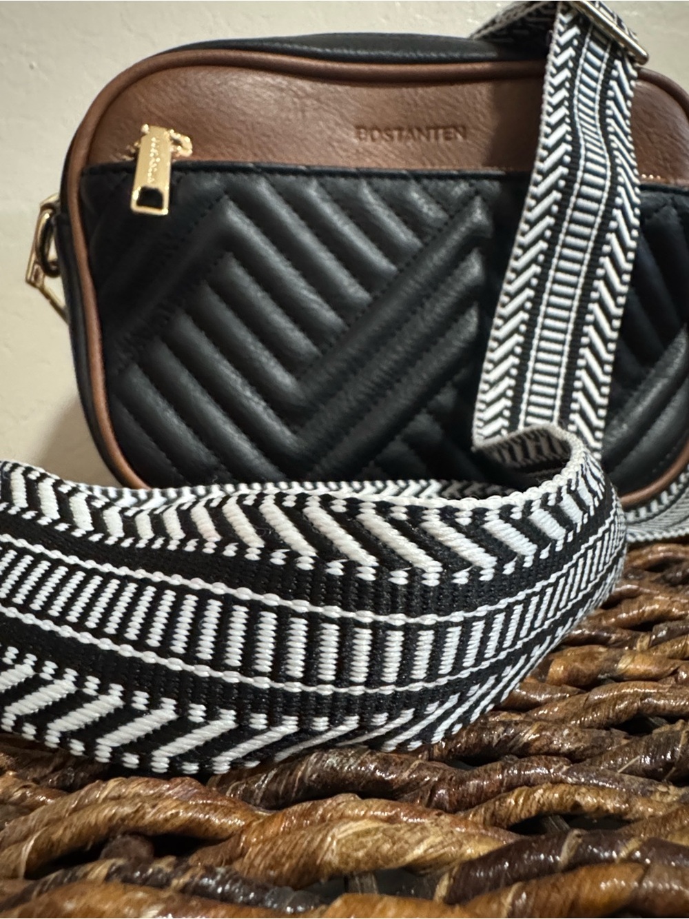 Bostanten Black and Brown Quilted Crossbody with Patterned Strap